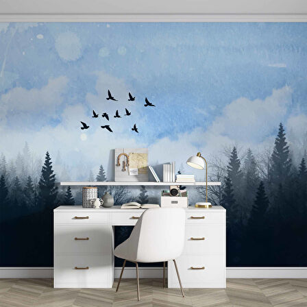 Suluboya Orman Kuş Manzara Duvar Kağıdı