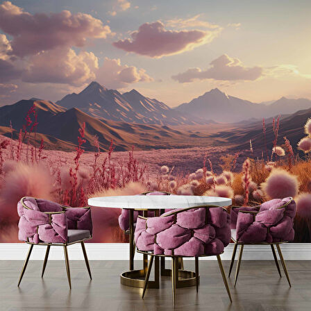 Dağ ve Pembe Çiçek Tarlası Manzaralı Duvar Kağıdı