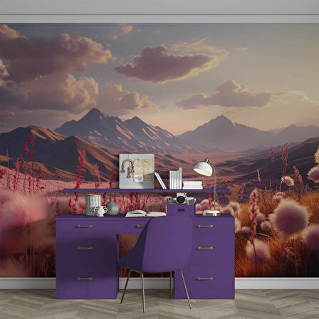 Dağ ve Pembe Çiçek Tarlası Manzaralı Duvar Kağıdı