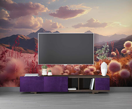 Dağ ve Pembe Çiçek Tarlası Manzaralı Duvar Kağıdı