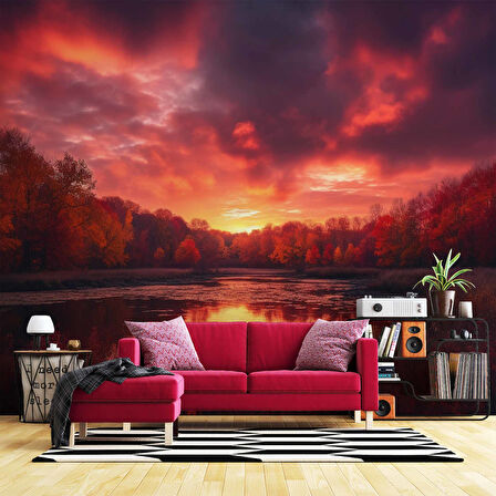 Kızıl Gökyüzü Gün Batımı Manzaralı Duvar Kağıdı