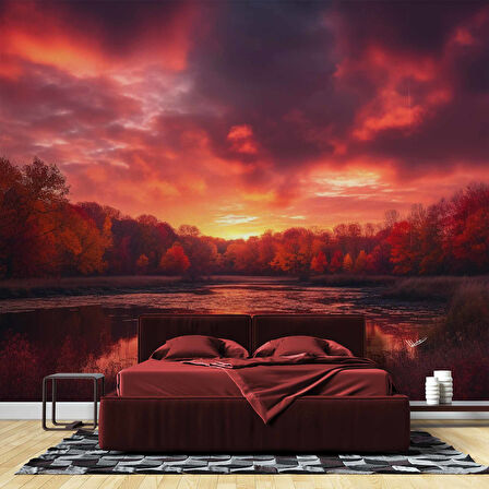 Kızıl Gökyüzü Gün Batımı Manzaralı Duvar Kağıdı