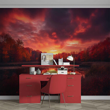 Kızıl Gökyüzü Gün Batımı Manzaralı Duvar Kağıdı