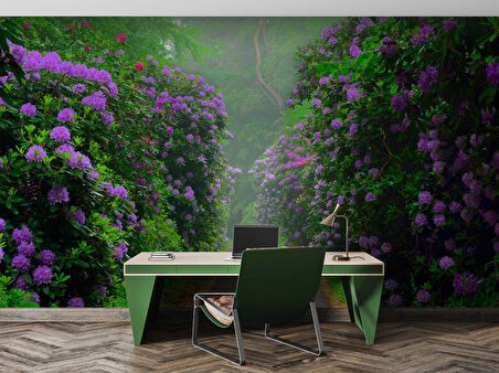 Mor Çiçekli Yeşil Orman Patika Yol Manzaralı Duvar Kağıdı