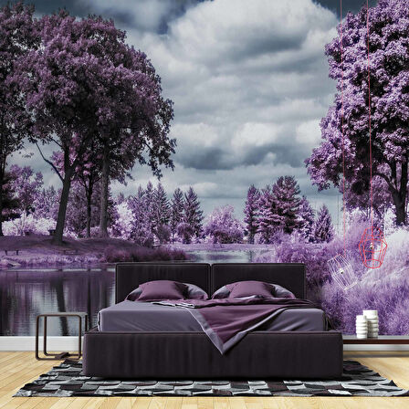 Eflatun Orman ve Göl Manzaralı Duvar Kağıdı