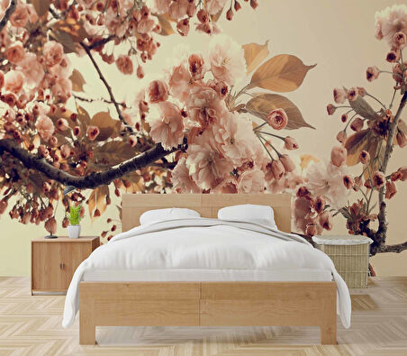 Soft Pembe Çiçek ve Dal Desenli Duvar Kağıdı