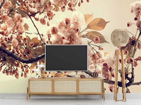 Soft Pembe Çiçek ve Dal Desenli Duvar Kağıdı