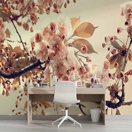 Soft Pembe Çiçek ve Dal Desenli Duvar Kağıdı