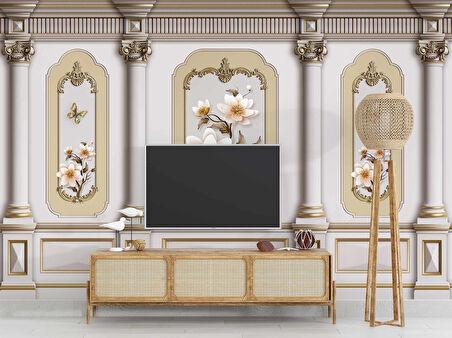 3 Boyutlu Saray Sütun Çiçek Motifli Duvar Kağıdı