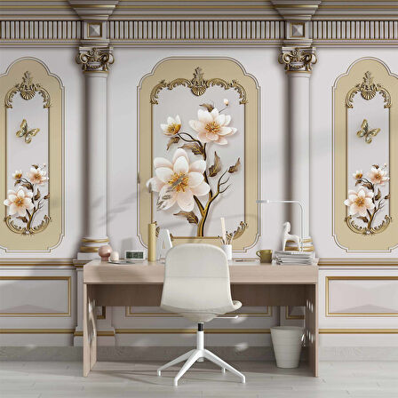 3 Boyutlu Saray Sütun Çiçek Motifli Duvar Kağıdı