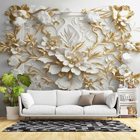 3 Boyutlu Altın Çiçek Duvar Kağıdı