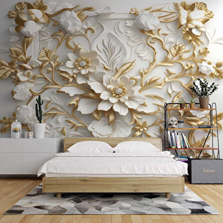 3 Boyutlu Altın Çiçek Duvar Kağıdı