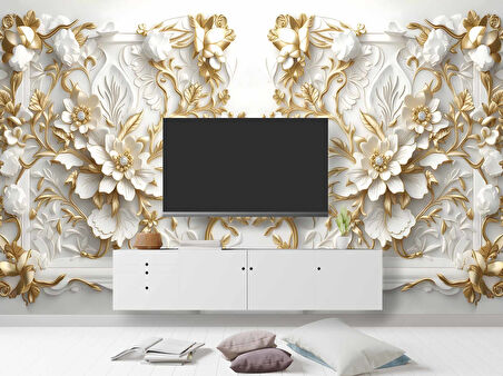 3 Boyutlu Altın Çiçek Duvar Kağıdı