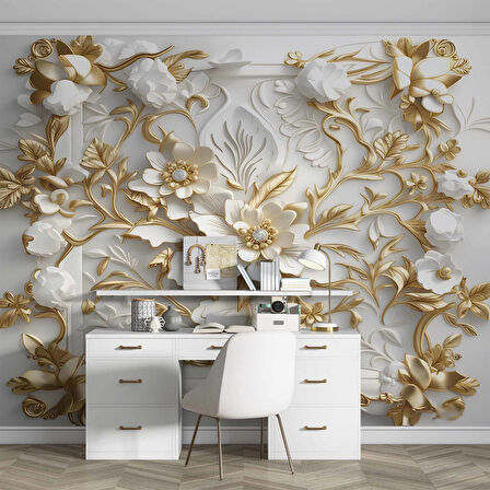 3 Boyutlu Altın Çiçek Duvar Kağıdı