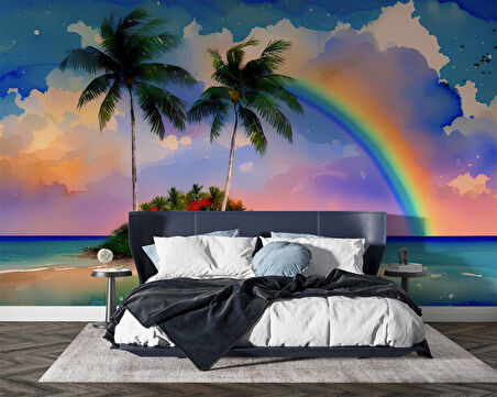 Suluboya Ada ve Gökkuşağı Çizimi Duvar Kağıdı