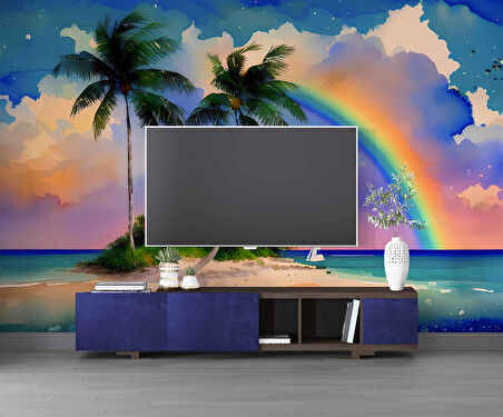 Suluboya Ada ve Gökkuşağı Çizimi Duvar Kağıdı