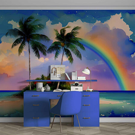 Suluboya Ada ve Gökkuşağı Çizimi Duvar Kağıdı