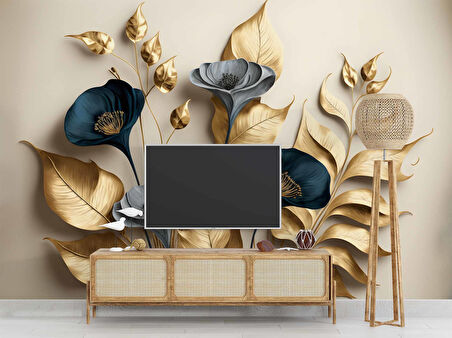 3D Vintage Soft Lacivert Çicek Duvar Kağıdı Baskı