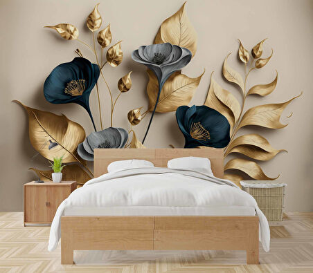 3D Vintage Soft Lacivert Çicek Duvar Kağıdı Baskı