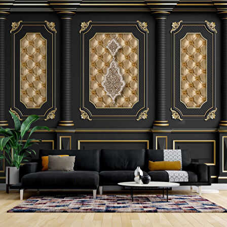3D Siyah Sütun Altın Panel Duvar Kağıdı Baskı