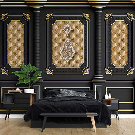 3D Siyah Sütun Altın Panel Duvar Kağıdı Baskı