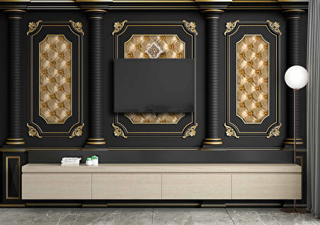 3D Siyah Sütun Altın Panel Duvar Kağıdı Baskı