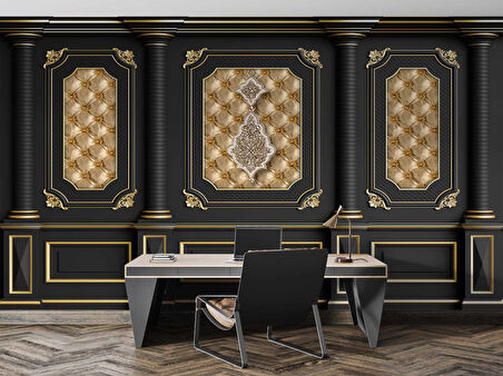 3D Siyah Sütun Altın Panel Duvar Kağıdı Baskı