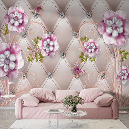 3D Deri Görünümlü Panel ve Pembe Çiçek Duvar Kağıdı Baskı