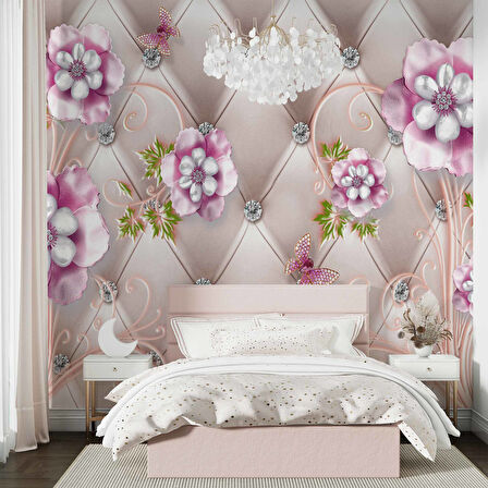 3D Deri Görünümlü Panel ve Pembe Çiçek Duvar Kağıdı Baskı