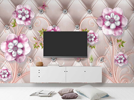 3D Deri Görünümlü Panel ve Pembe Çiçek Duvar Kağıdı Baskı