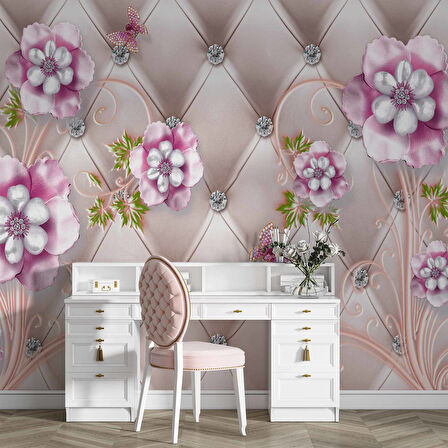 3D Deri Görünümlü Panel ve Pembe Çiçek Duvar Kağıdı Baskı