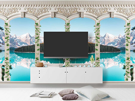 Sarmaşık Sütun, Göl ve Dağ Manzara Duvar Kağıdı Baskı