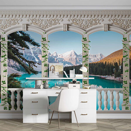 Sarmaşık Sütun, Göl ve Dağ Manzara Duvar Kağıdı Baskı