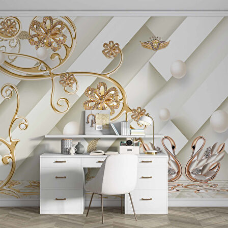 3D İnci ve Altın Çiçek Duvar Kağıdı Baskı