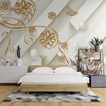 3D İnci ve Altın Çiçek Duvar Kağıdı Baskı