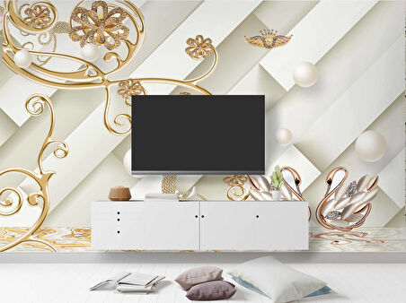 3D İnci ve Altın Çiçek Duvar Kağıdı Baskı