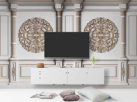 3D Beyaz Sütun Kahverengi Panel Duvar Kağıdı Baskı