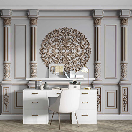 3D Beyaz Sütun Kahverengi Panel Duvar Kağıdı Baskı