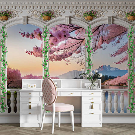 Pembe Ağaç ve Nehir Sutun Duvar Kağıdı Baskı