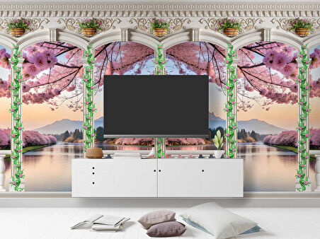 Pembe Ağaç ve Nehir Sutun Duvar Kağıdı Baskı