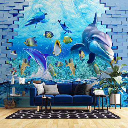 3 Boyutlu Akvaryum ve Yunus Balığı Duvar Kağıdı Baskı