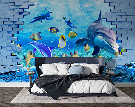 3 Boyutlu Akvaryum ve Yunus Balığı Duvar Kağıdı Baskı