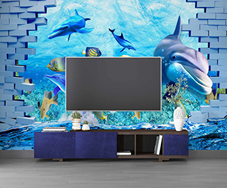 3 Boyutlu Akvaryum ve Yunus Balığı Duvar Kağıdı Baskı