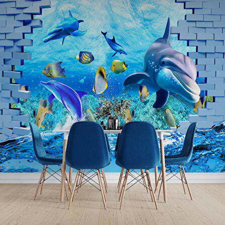 3 Boyutlu Akvaryum ve Yunus Balığı Duvar Kağıdı Baskı