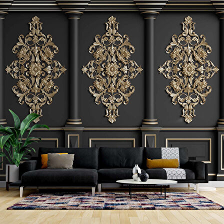 3D Siyah Sütun Altın Motif Duvar Kağıdı Baskı