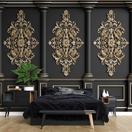 3D Siyah Sütun Altın Motif Duvar Kağıdı Baskı