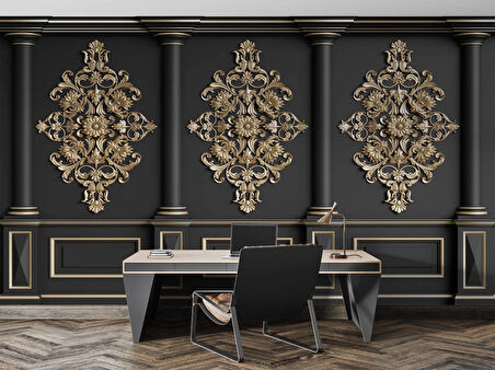 3D Siyah Sütun Altın Motif Duvar Kağıdı Baskı