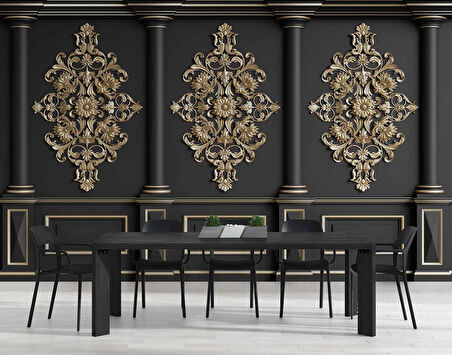 3D Siyah Sütun Altın Motif Duvar Kağıdı Baskı