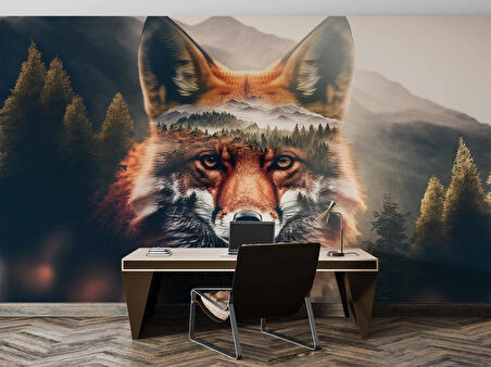 Orman ve Dağ Kurt Manzaralı Duvar Kağıdı Baskı