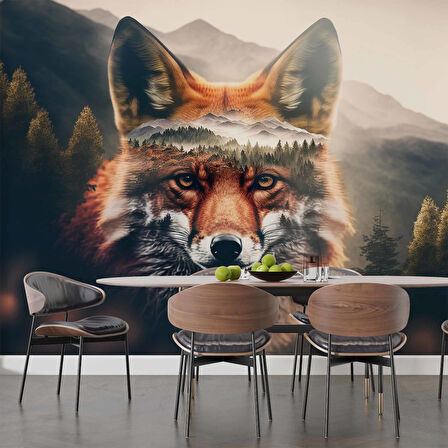 Orman ve Dağ Kurt Manzaralı Duvar Kağıdı Baskı